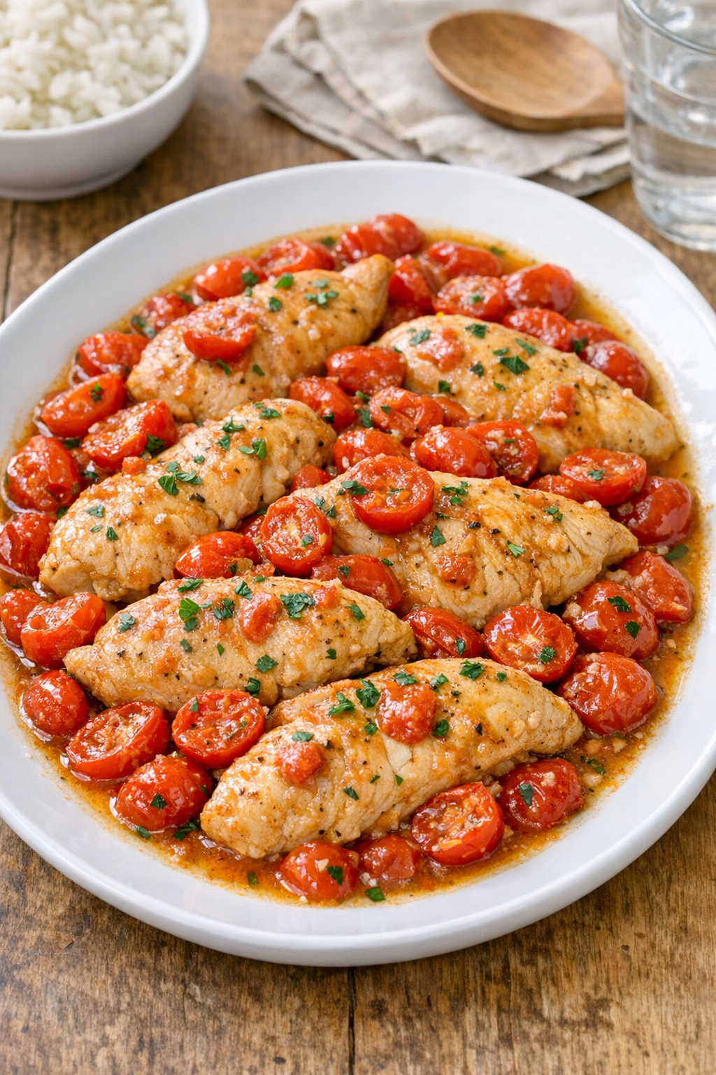 Finished slow cooker chicken with tomatoes served on a platter