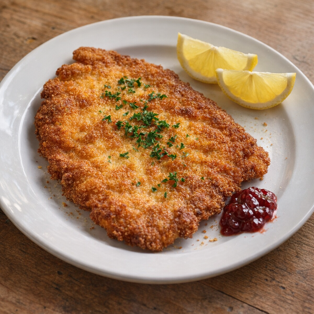 Golden pork schnitzel on a farmhouse dinner plate