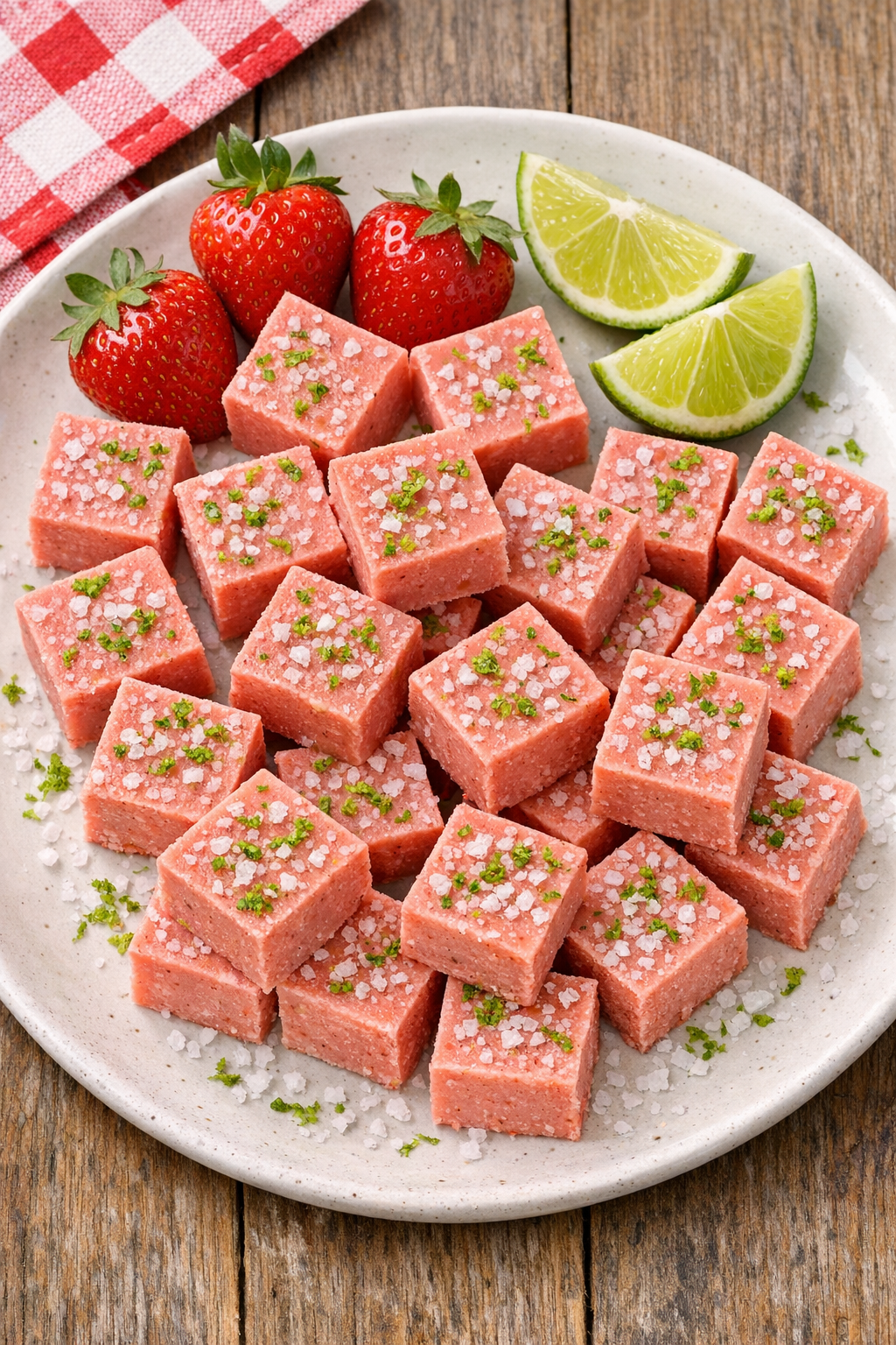 Plated strawberry margarita fudge squares ready to serve