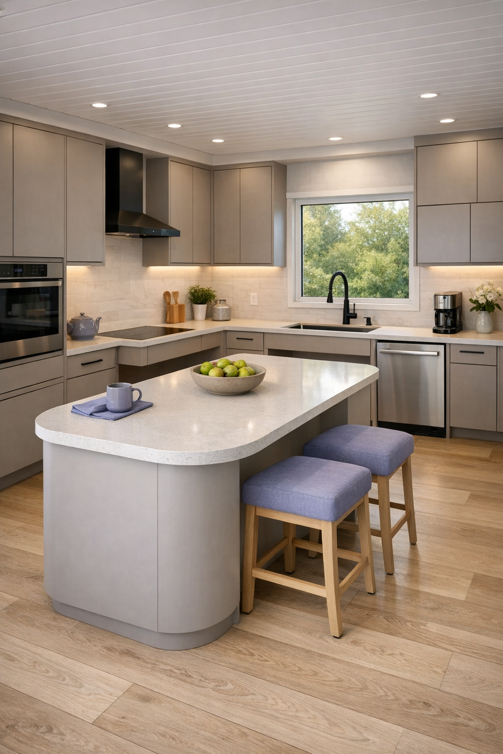 Accessible modern kitchen with mushroom cabinetry and quartz surfaces