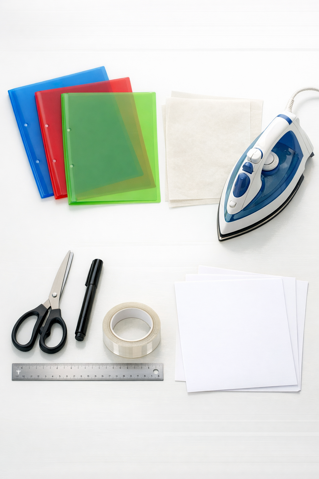 Materials for faux stained glass window panels laid out on a table