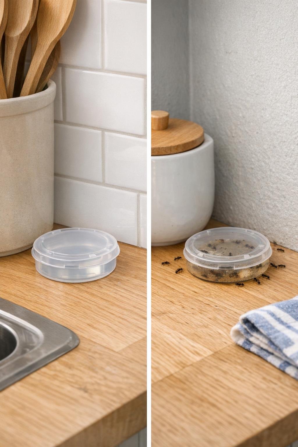 Fresh and partially used ant bait stations on consecutive days