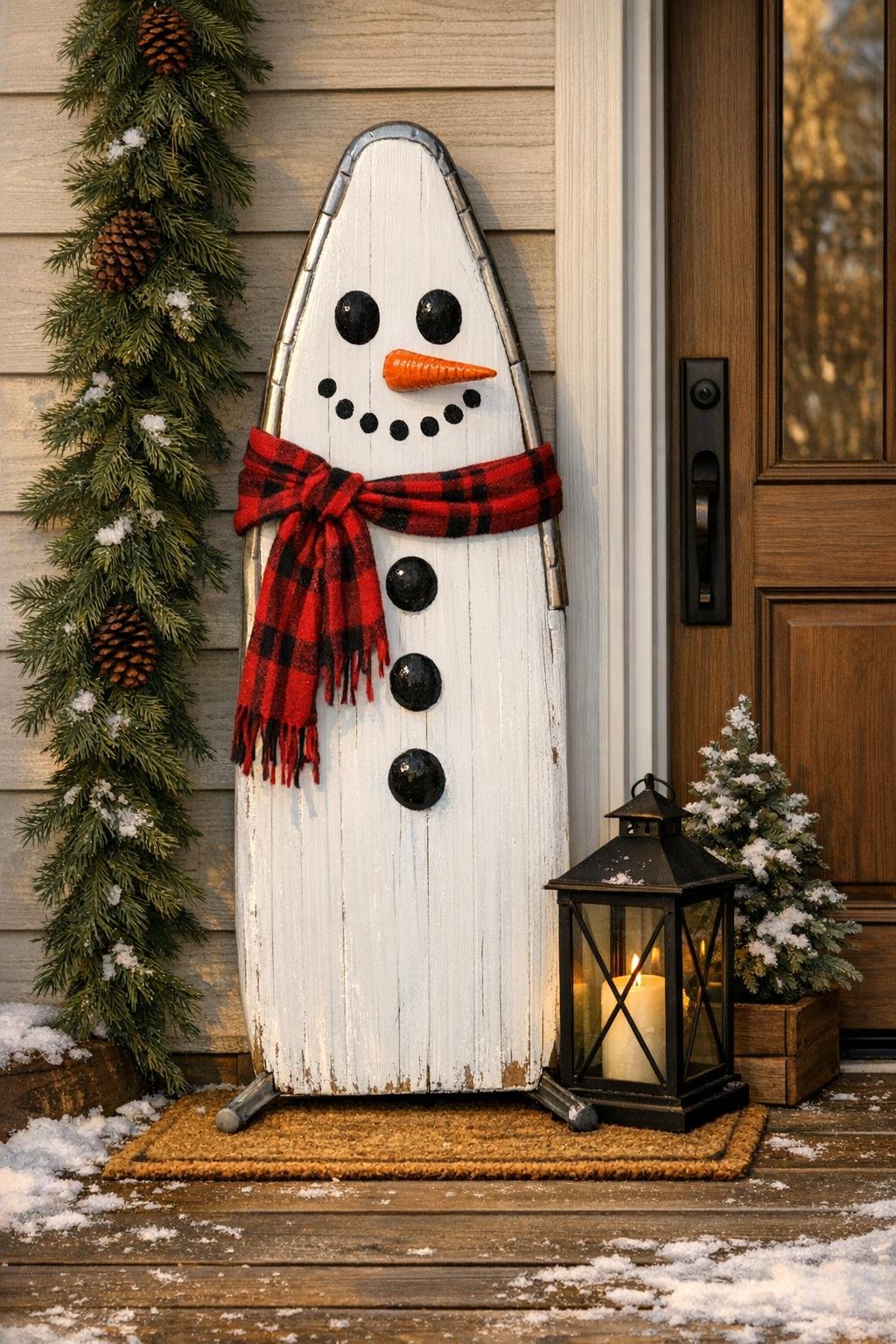 Finished snowman porch decoration made from an old ironing board on a winter porch