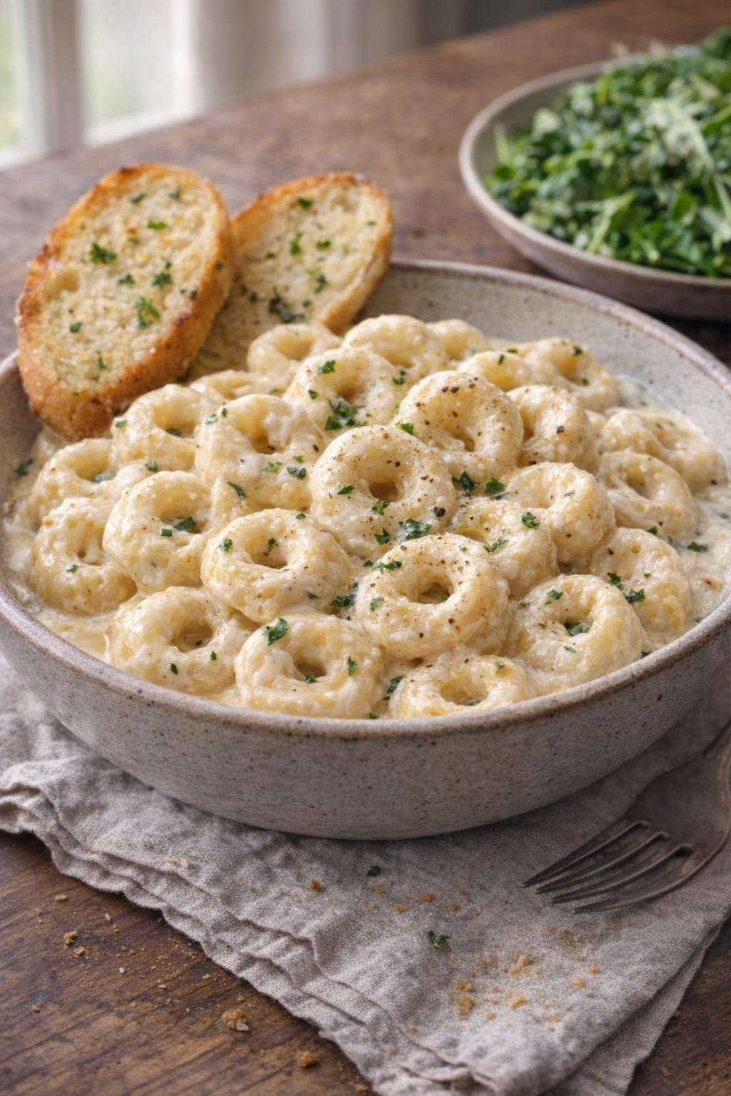Bowl of creamy tortellini with garlic bread
