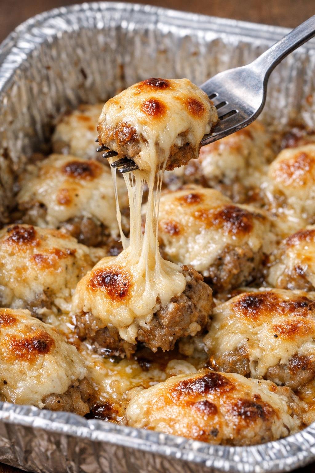 Low carb sausage beaumont bites in a foil tray with melted provolone