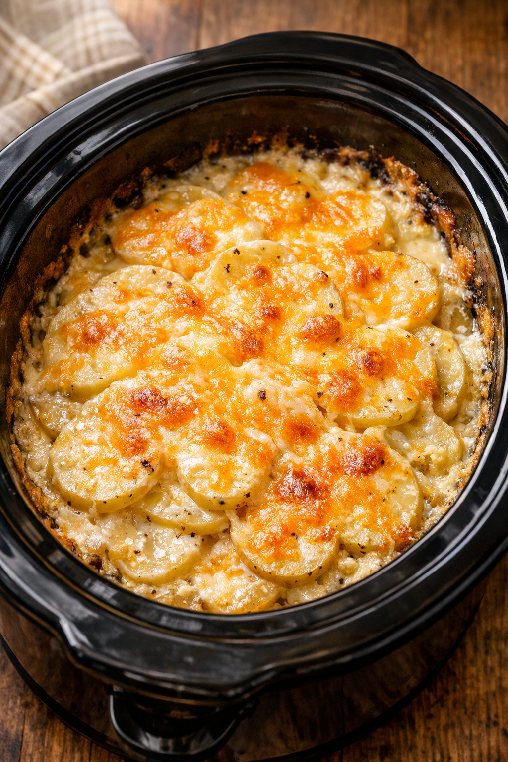 Cooked scalloped potatoes in slow cooker with melted cheese on top