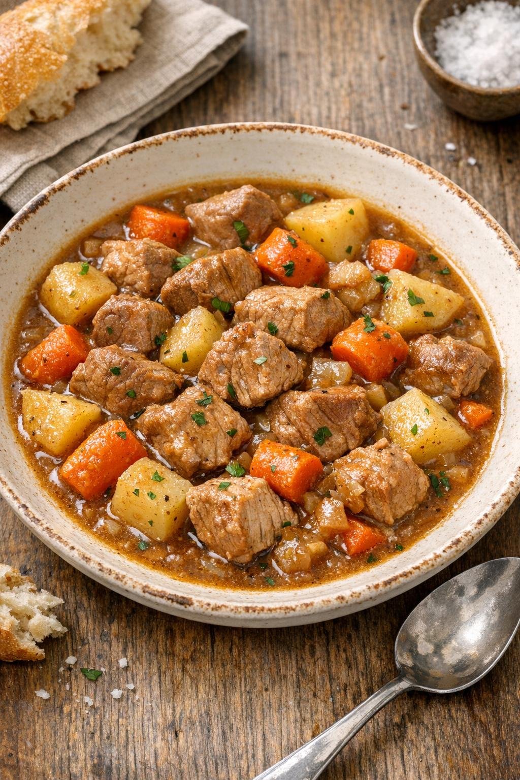 Finished slow cooker pork stew in a bowl