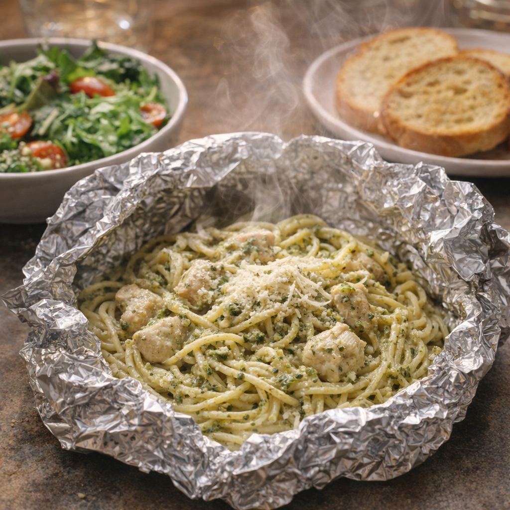 Opened foil packet of creamy pesto pasta served with salad and bread