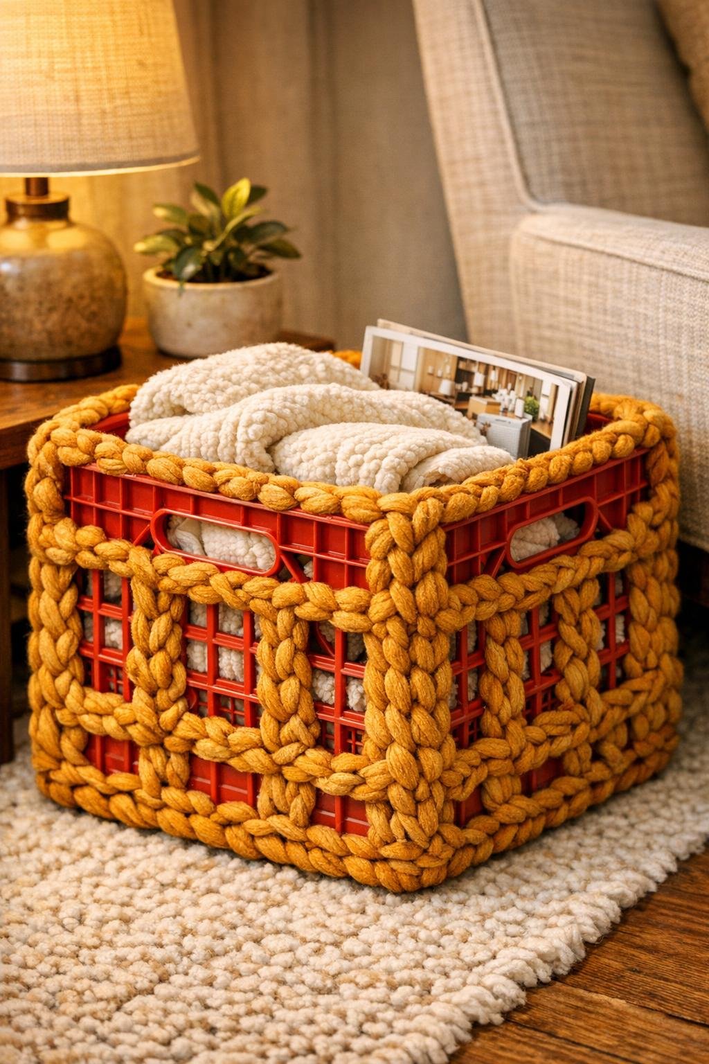 Finished decorative basket made from a red plastic milk crate crocheted with chunky amber yarn