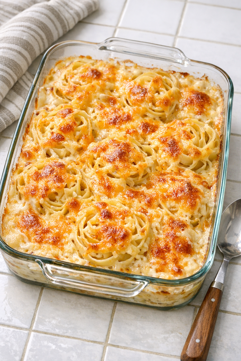 Finished Amish cheddar noodle bake in a glass baking dish
