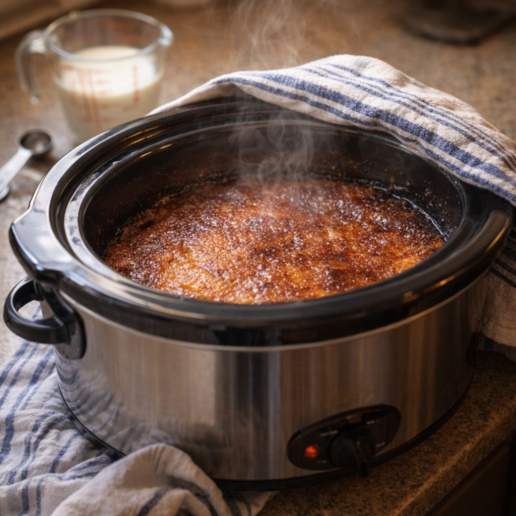 Slow cooker covered with a towel under the lid during cooking