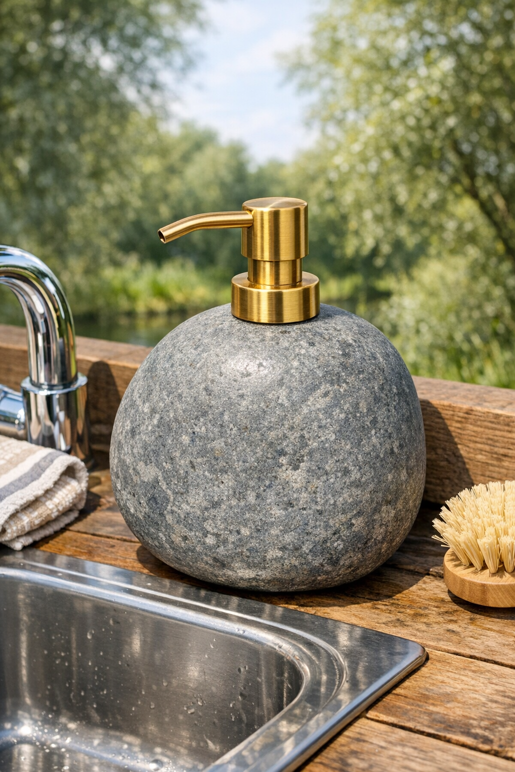Finished river stone soap dispenser with brass pump