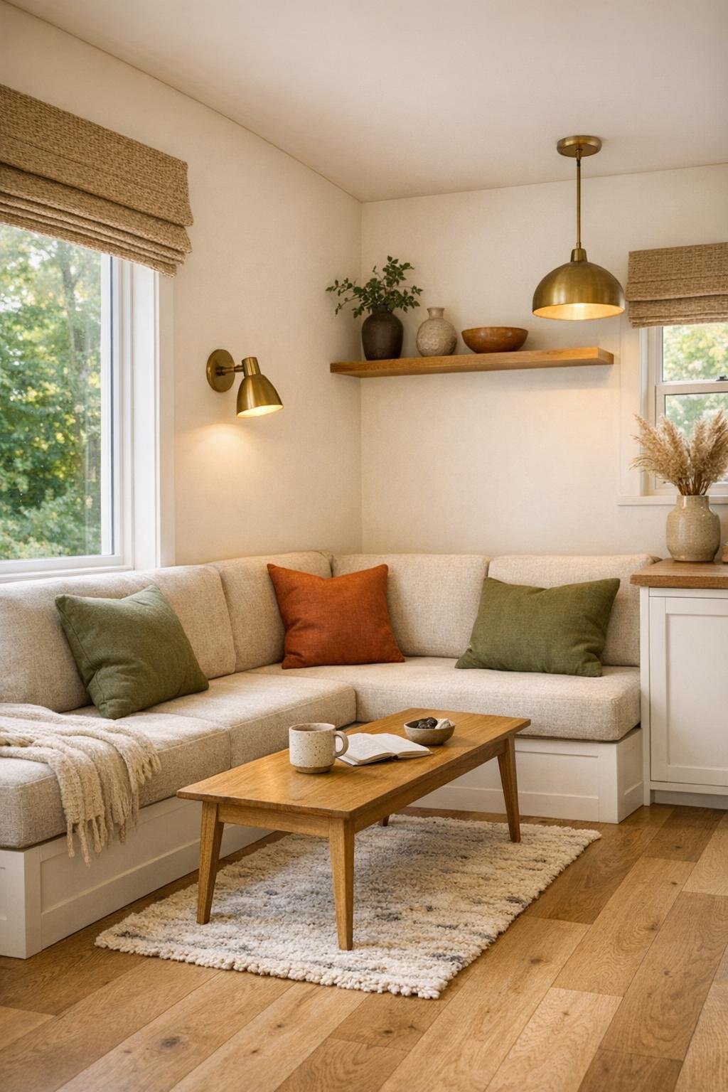 Tiny home living room with oak floors, built-in sofa, and olive accents