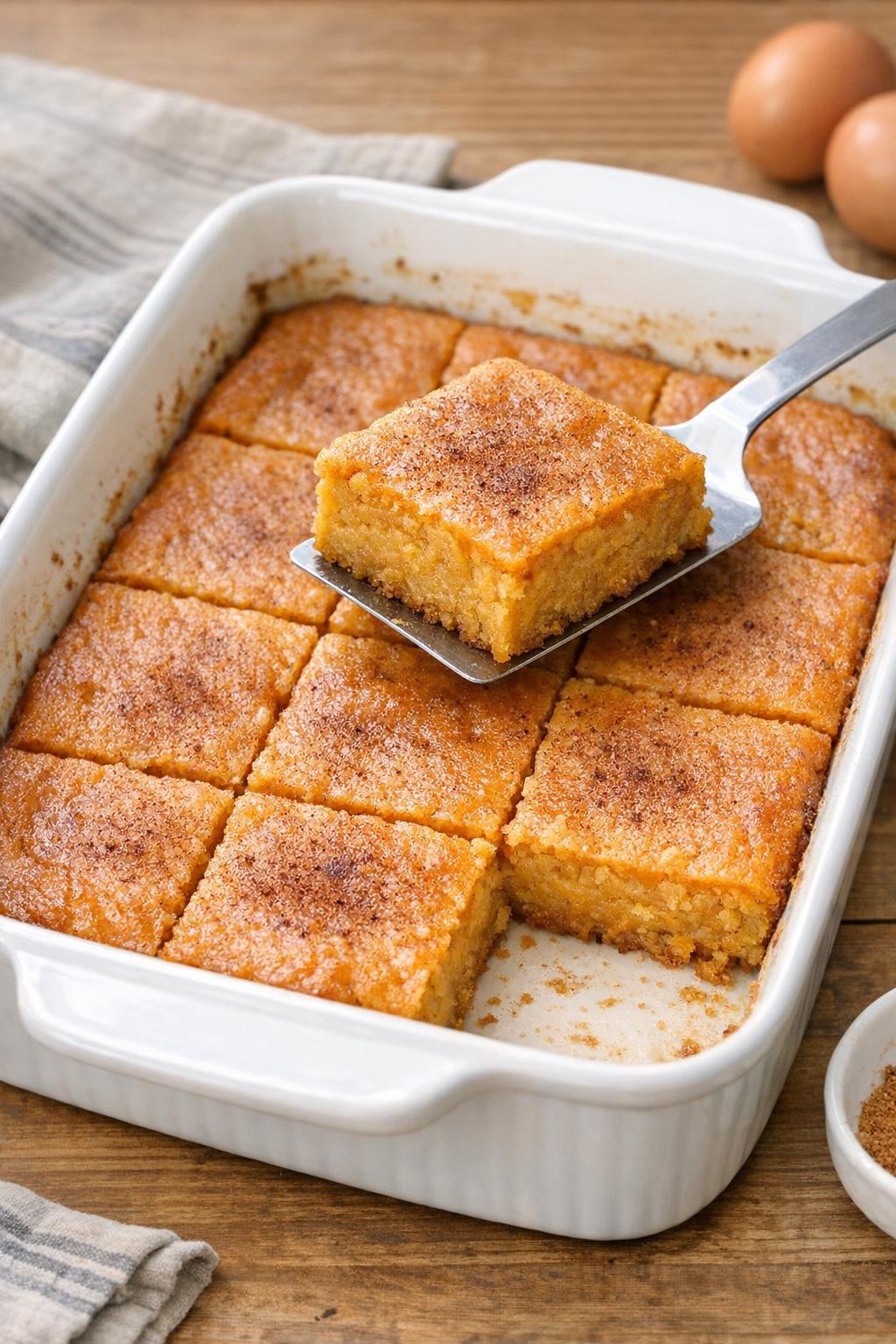 Finished baked pumpkin dessert in a ceramic casserole dish