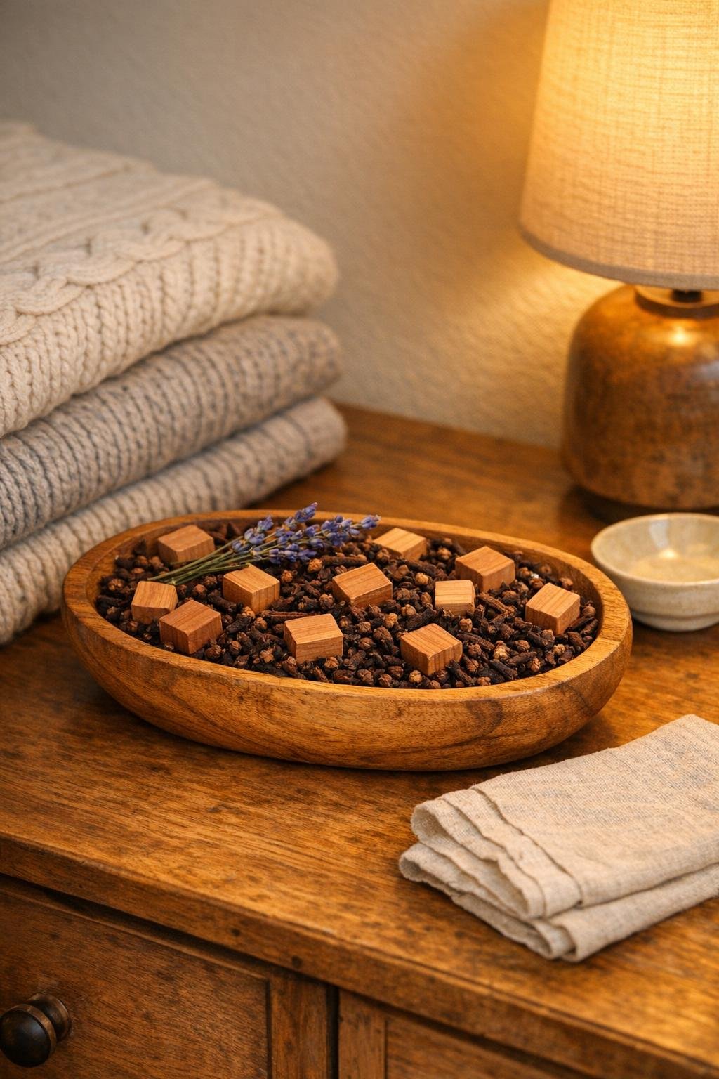Finished bedroom sweater freshener tray in a wooden bread bowl