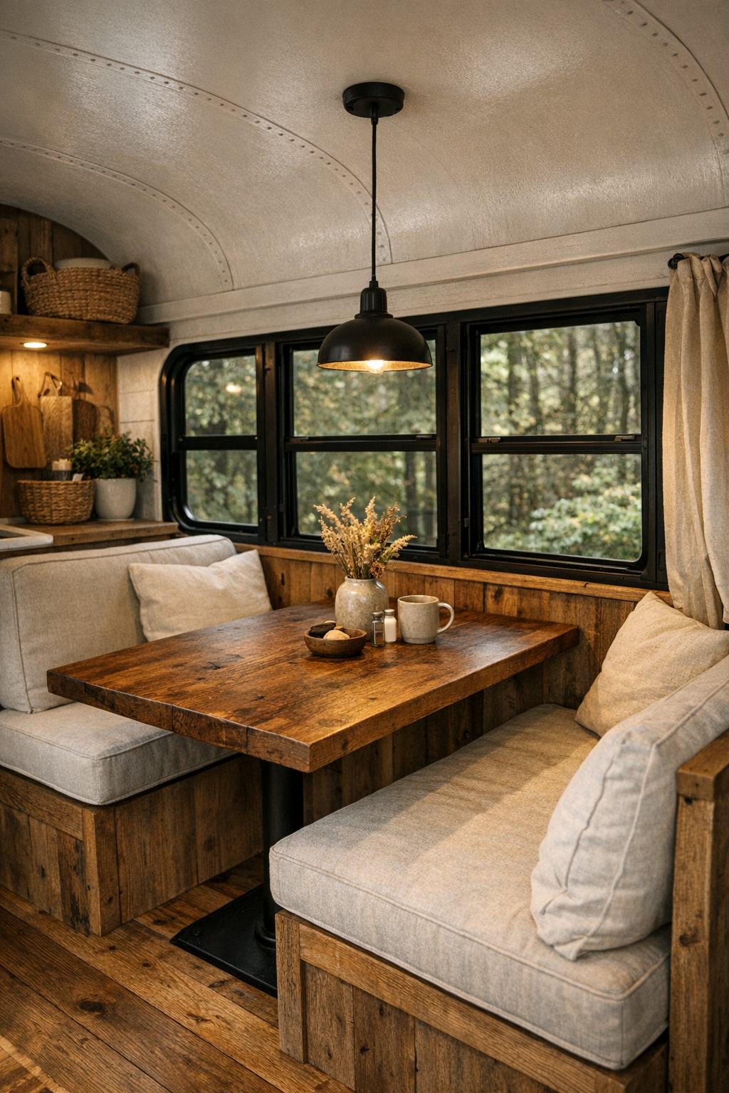 Cozy bus dining nook with built-in benches and solid wood table