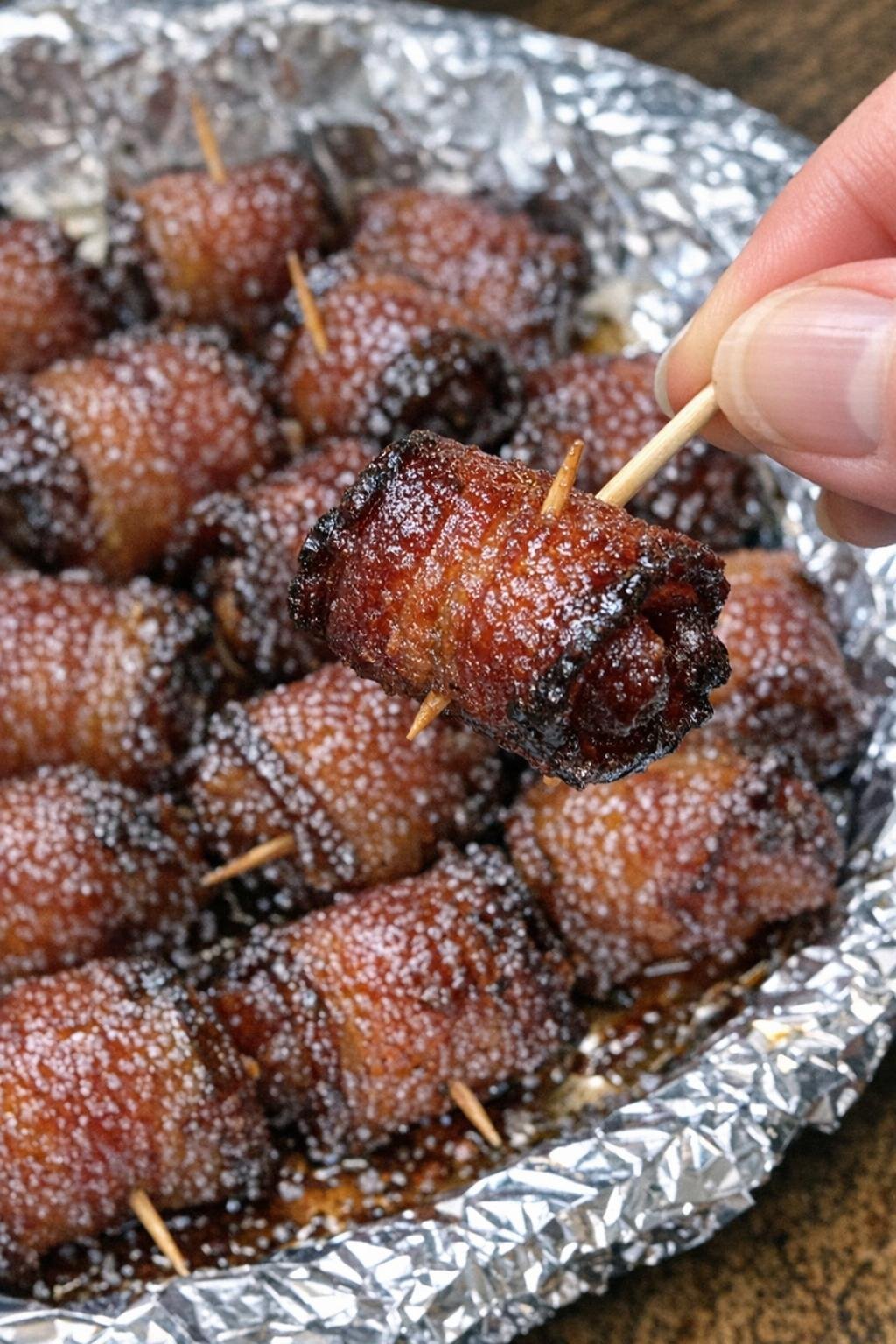 Close-up of bacon rollins bites on a foil-lined platter