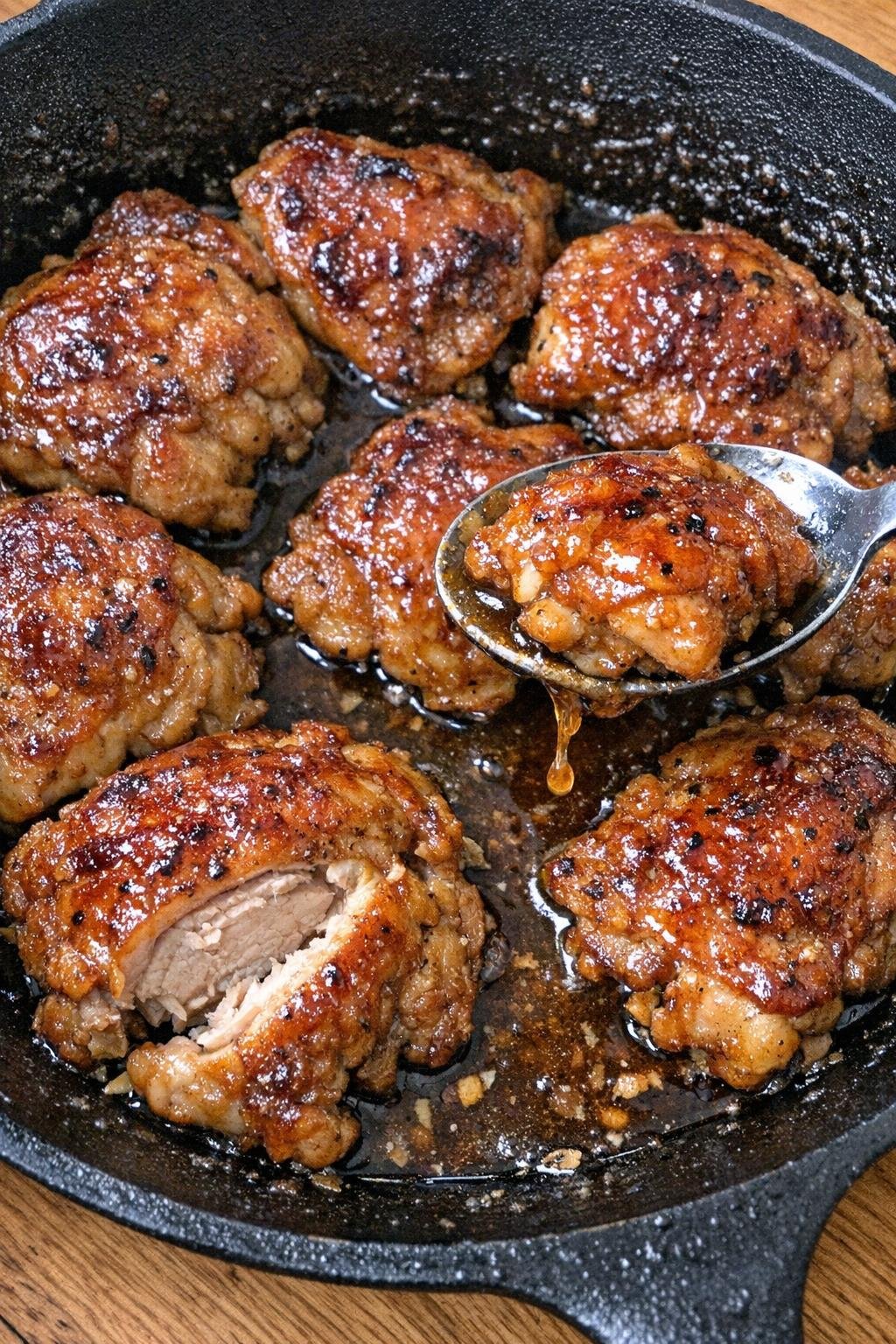 Tender glazed chicken thighs in a cast iron skillet