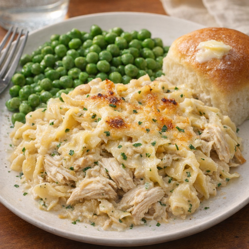 Serving of casserole on a plate with peas and dinner roll