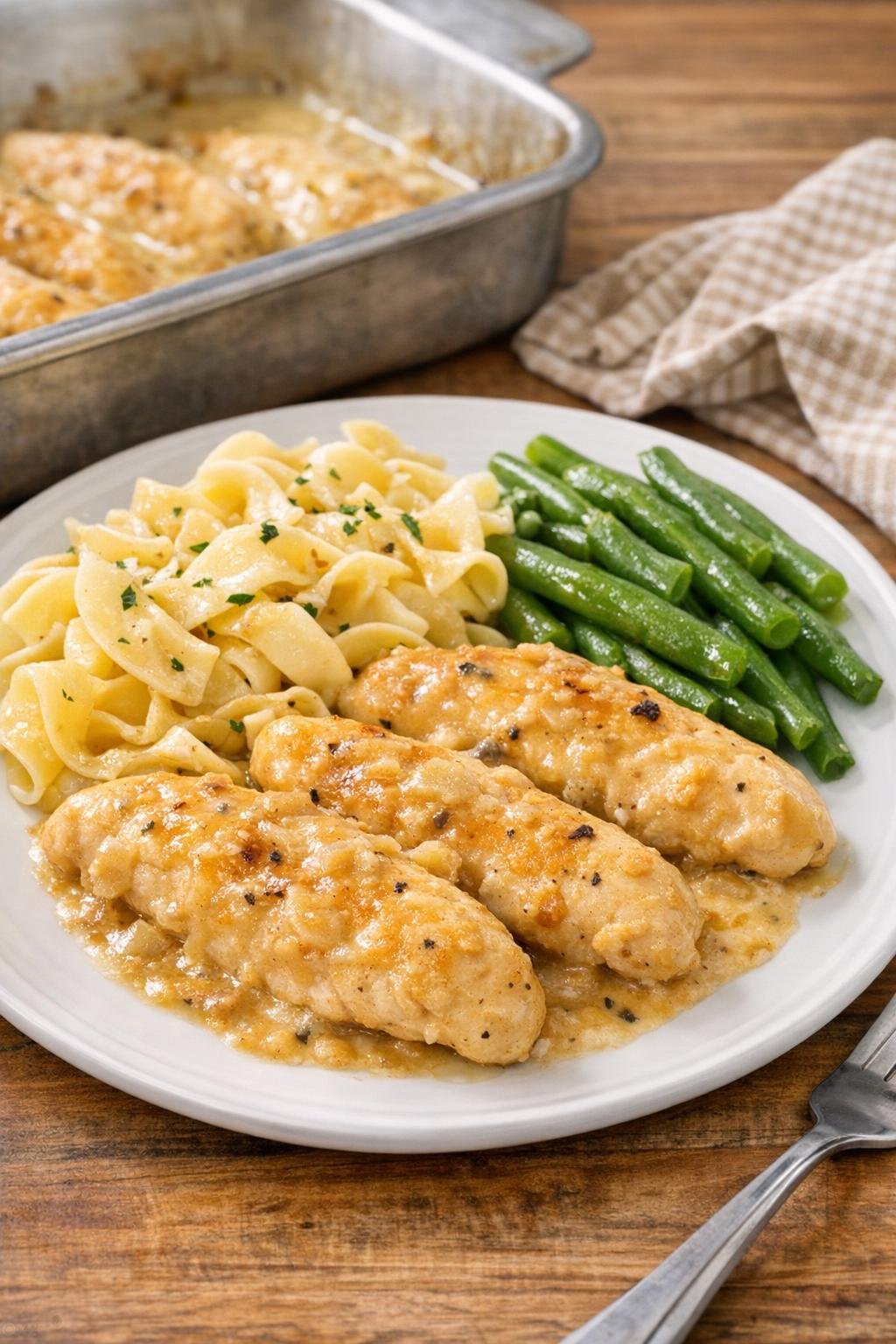 Finished creamy baked chicken tenderloins plated for dinner