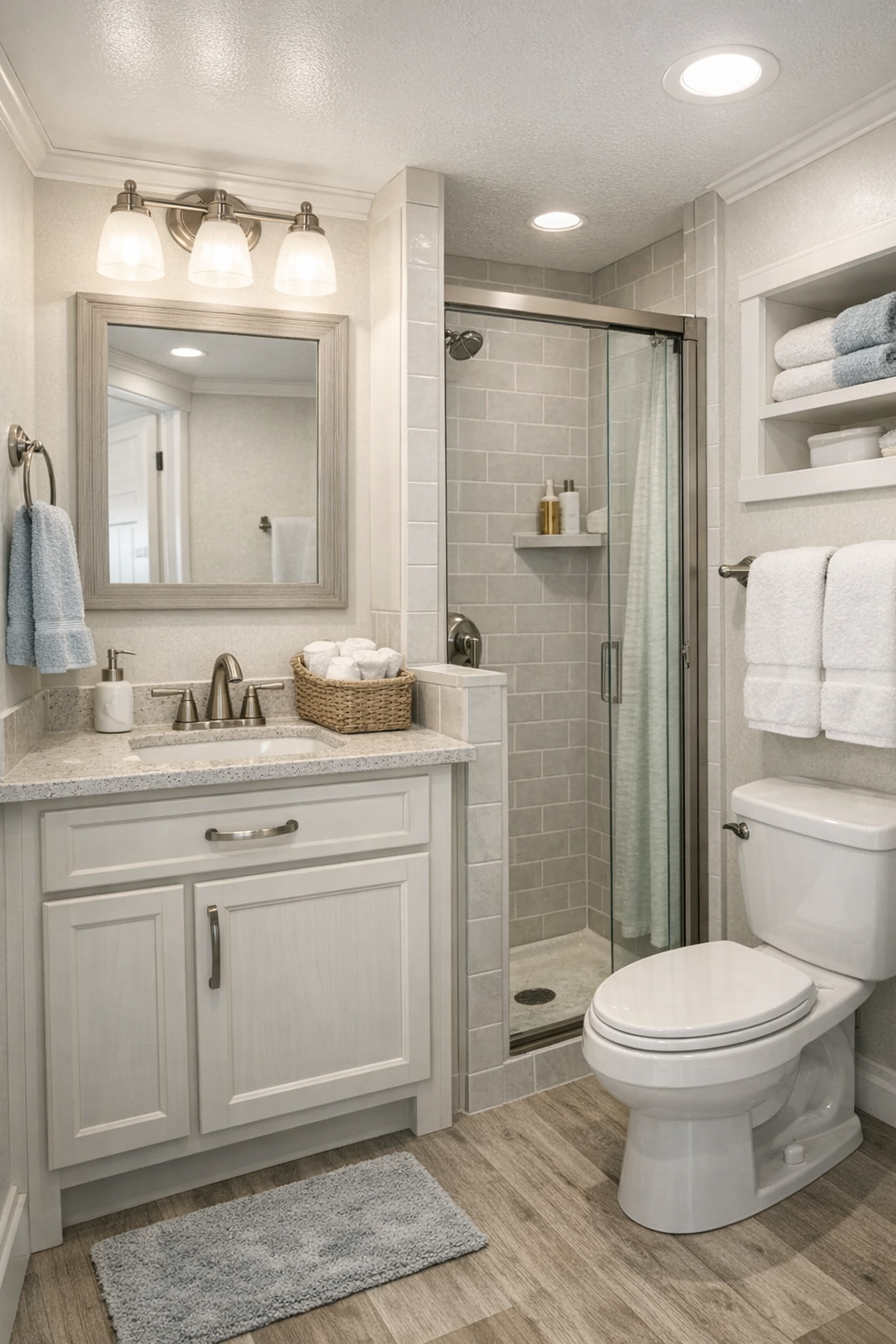 Fresh cottage bathroom with light finishes, a small vanity, and clean tile details