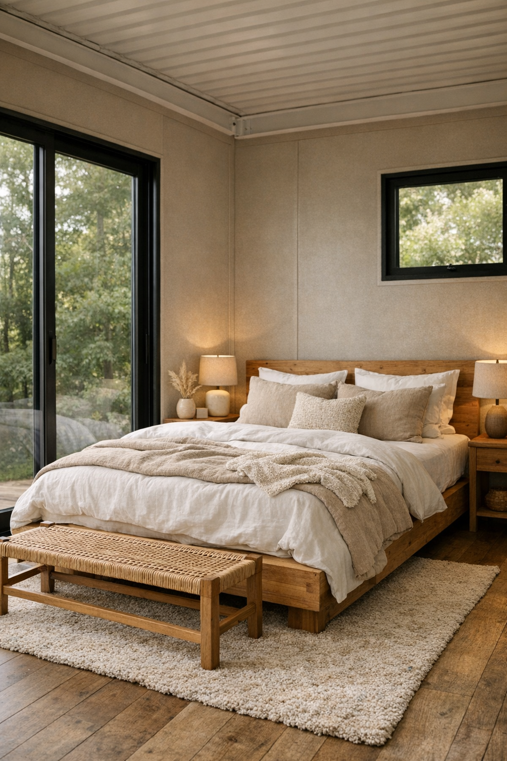 Serene neutral bedroom with wood platform bed, layered bedding, and soft window light