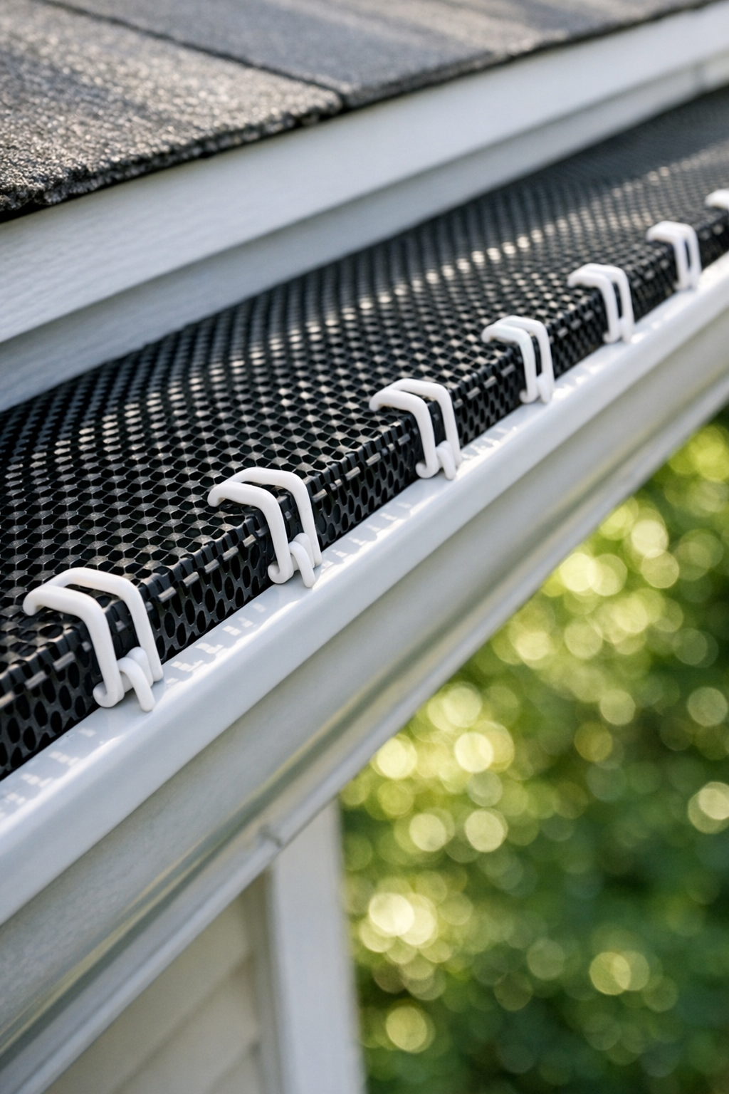 Finished homemade gutter guard clips installed on gutter guard mesh