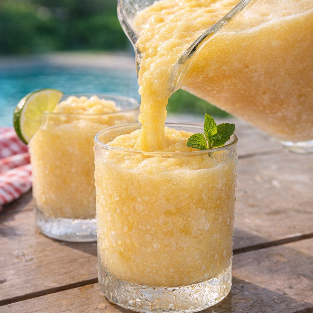 Freshly poured mango slush in glasses with lime garnish