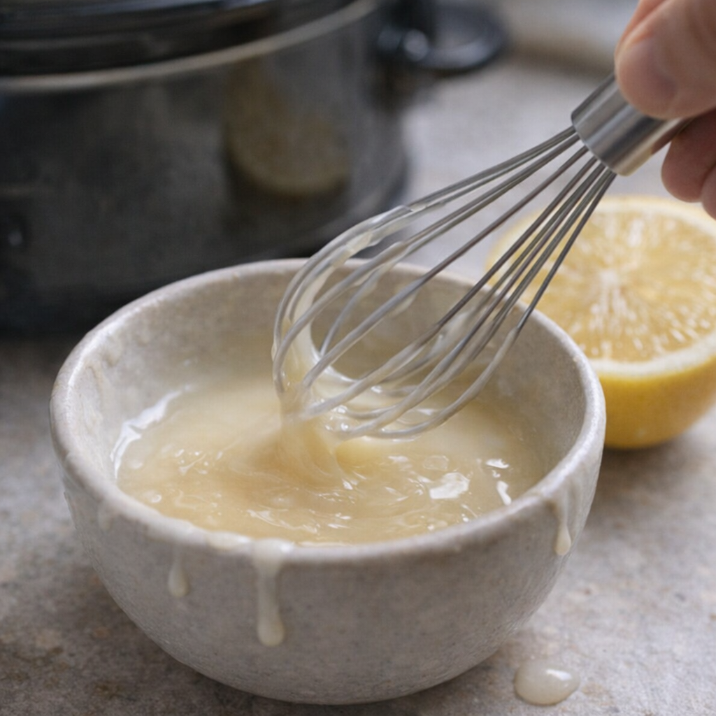 Lemonade glaze being whisked in small bowl