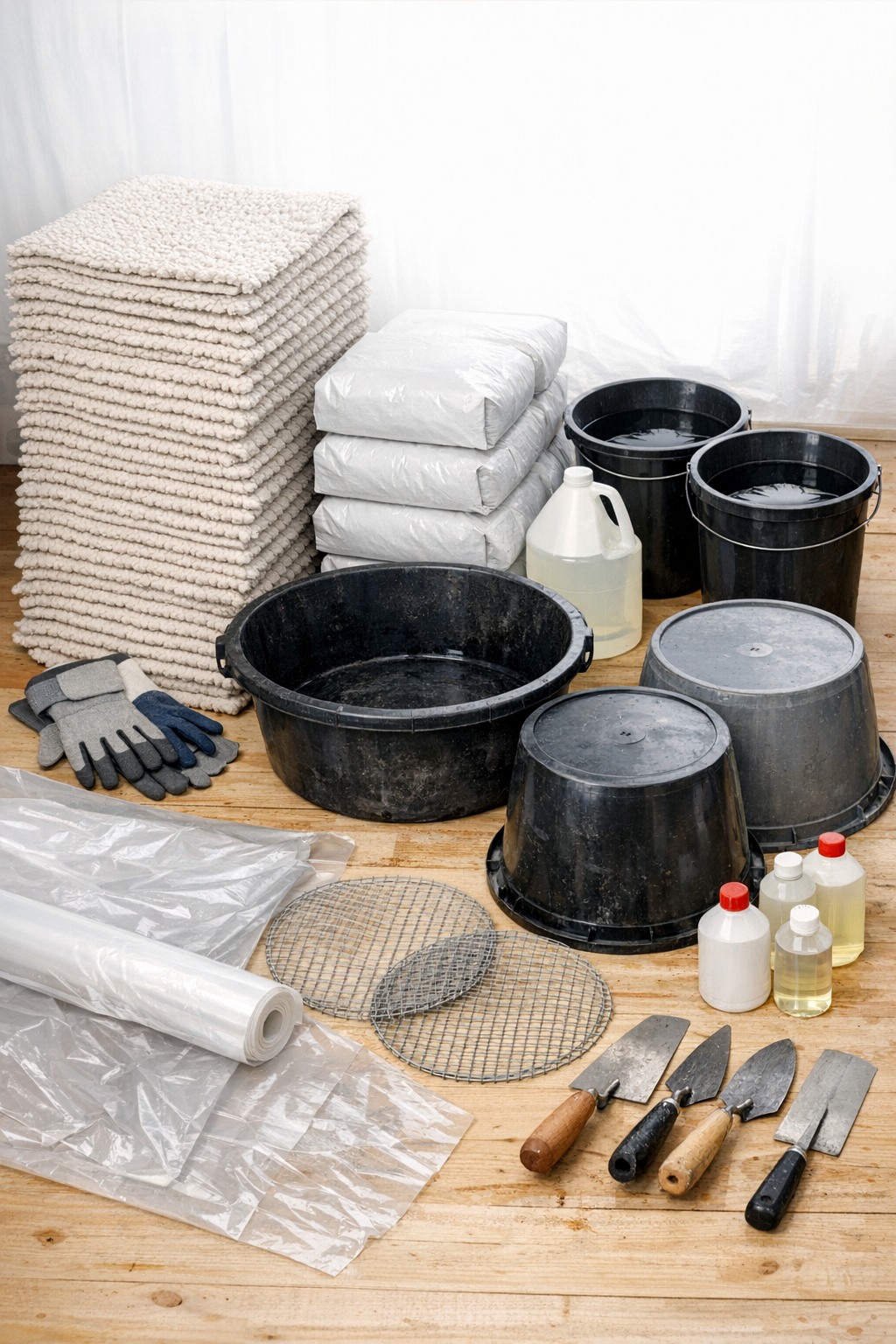 Concrete, bath mats, buckets, and tools laid out for making textured planters
