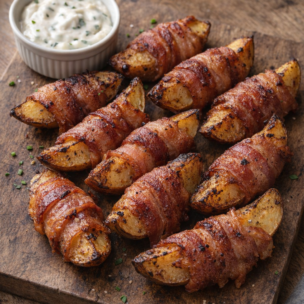 Rustic platter of bacon wrapped potato wedges with dip