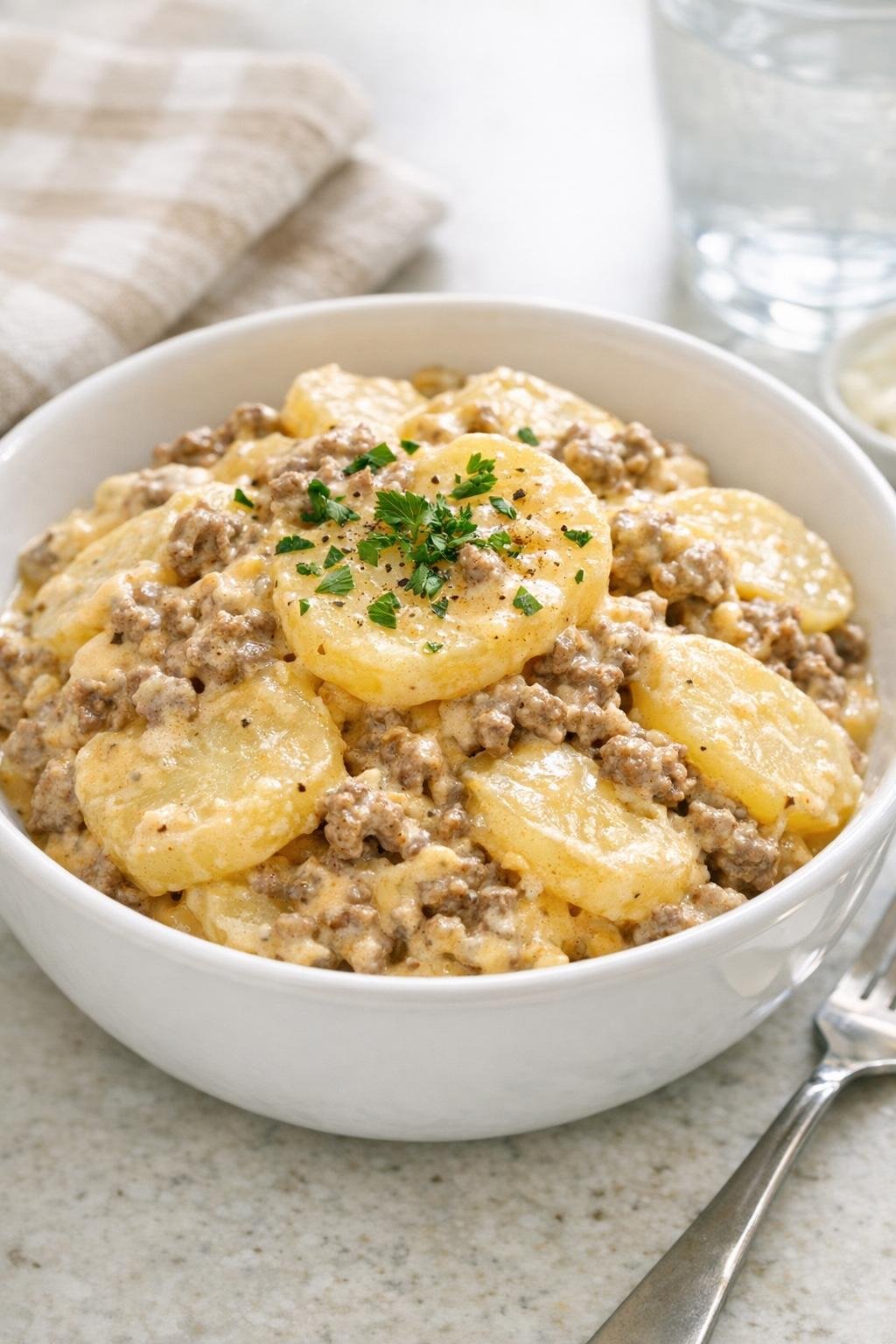 Finished creamy beef and potato casserole in a white bowl