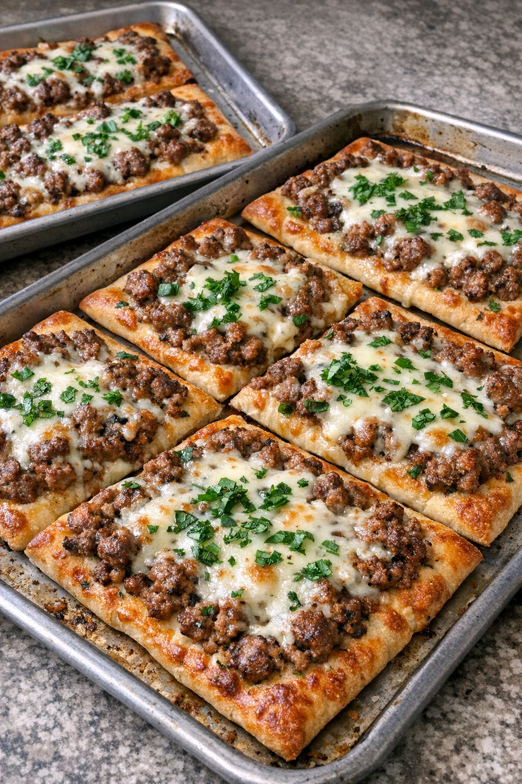 Oven baked beef flatbreads on baking sheets