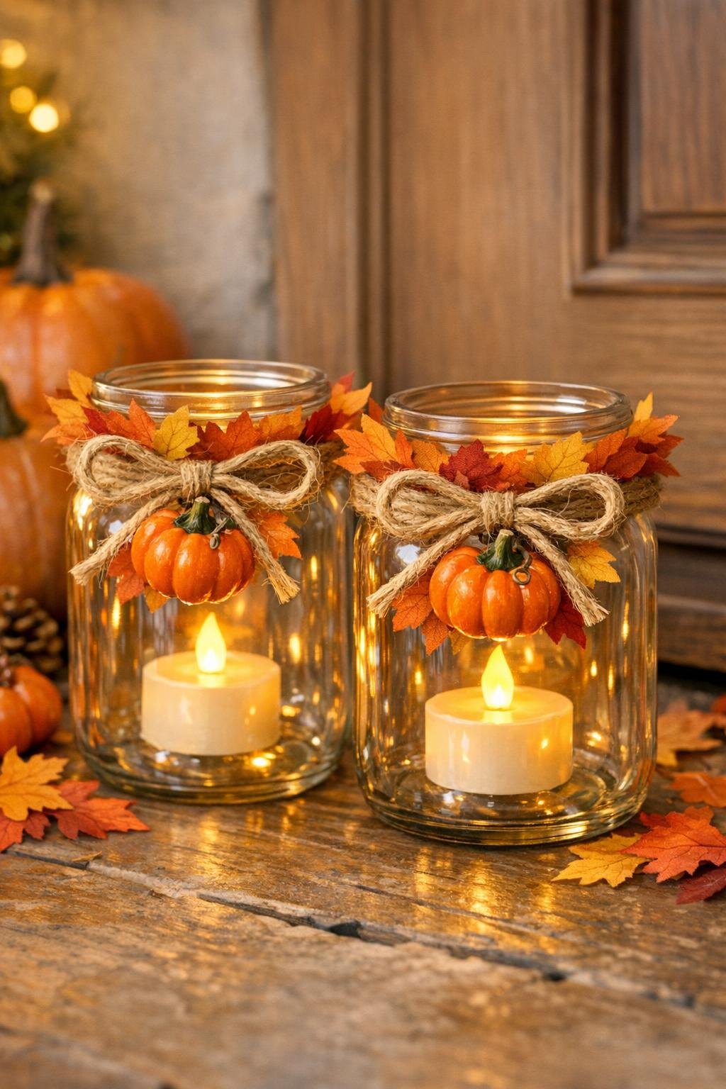 Finished autumn lantern cluster made from glass jars and faux pumpkins