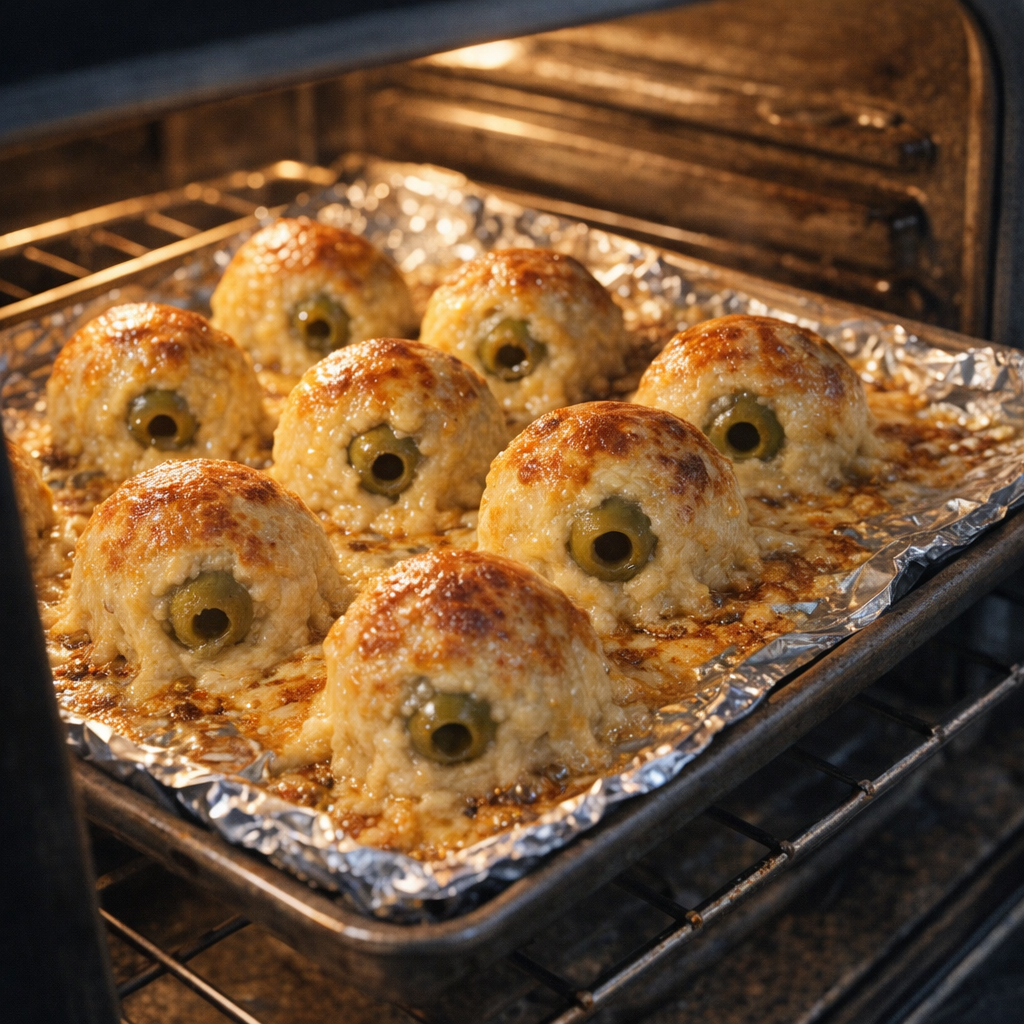 Cheese olive bombs baking on a foil-lined tray