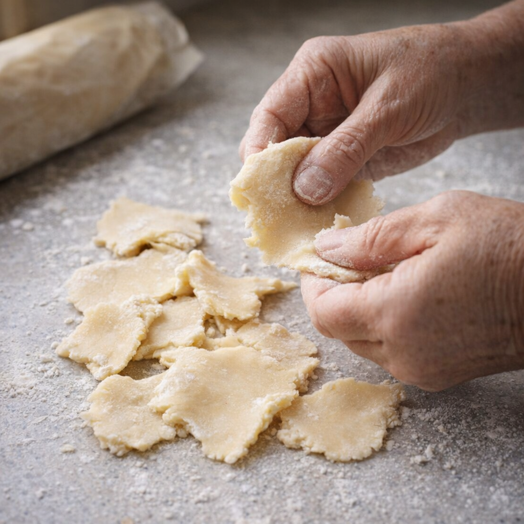 Hands tearing pie dough into rustic pieces on a countertop