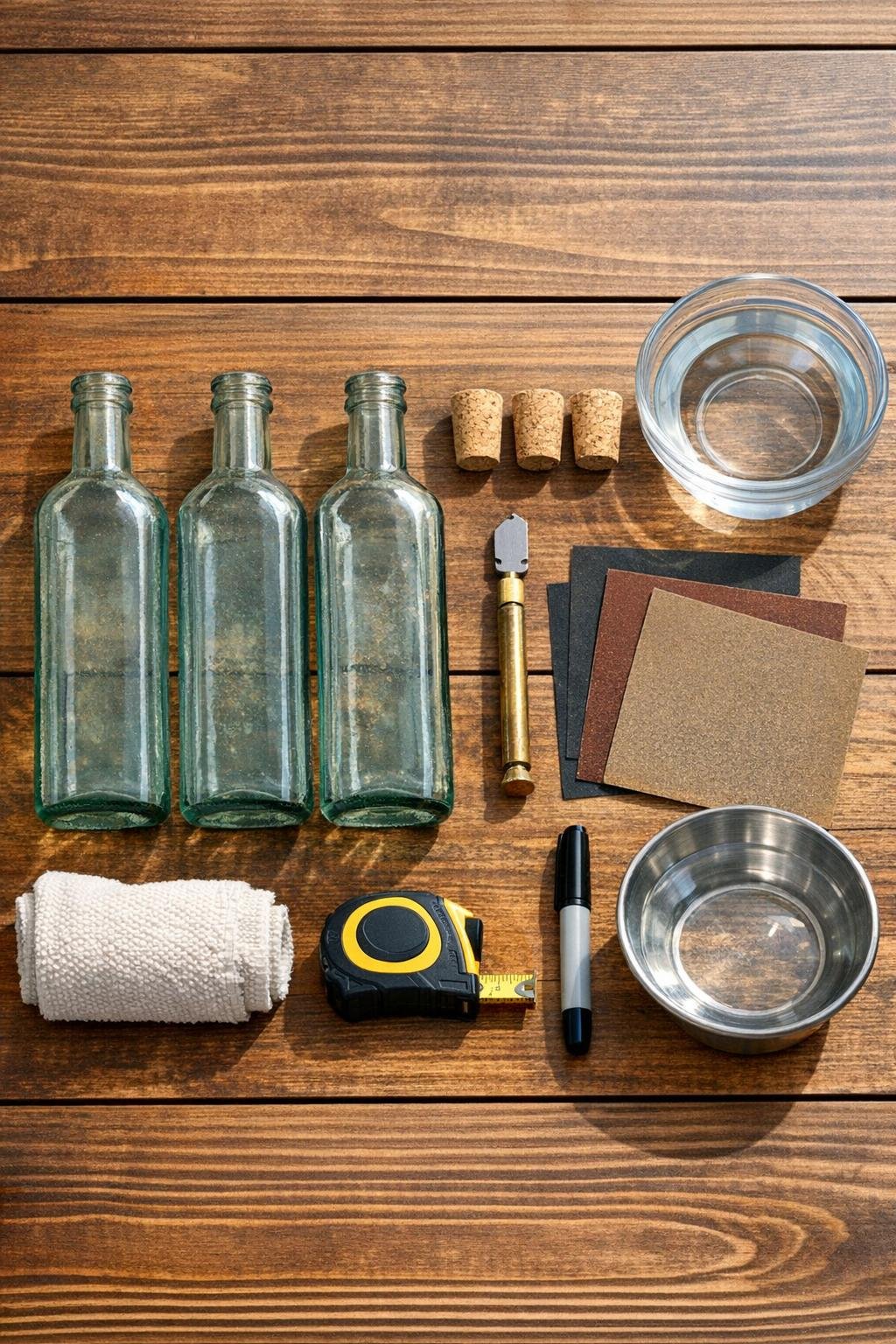 Materials for a three-bottle vintage bathroom storage project laid out on a table