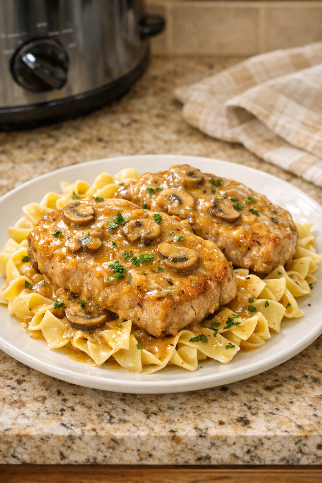 Finished golden mushroom pork chops served over pasta