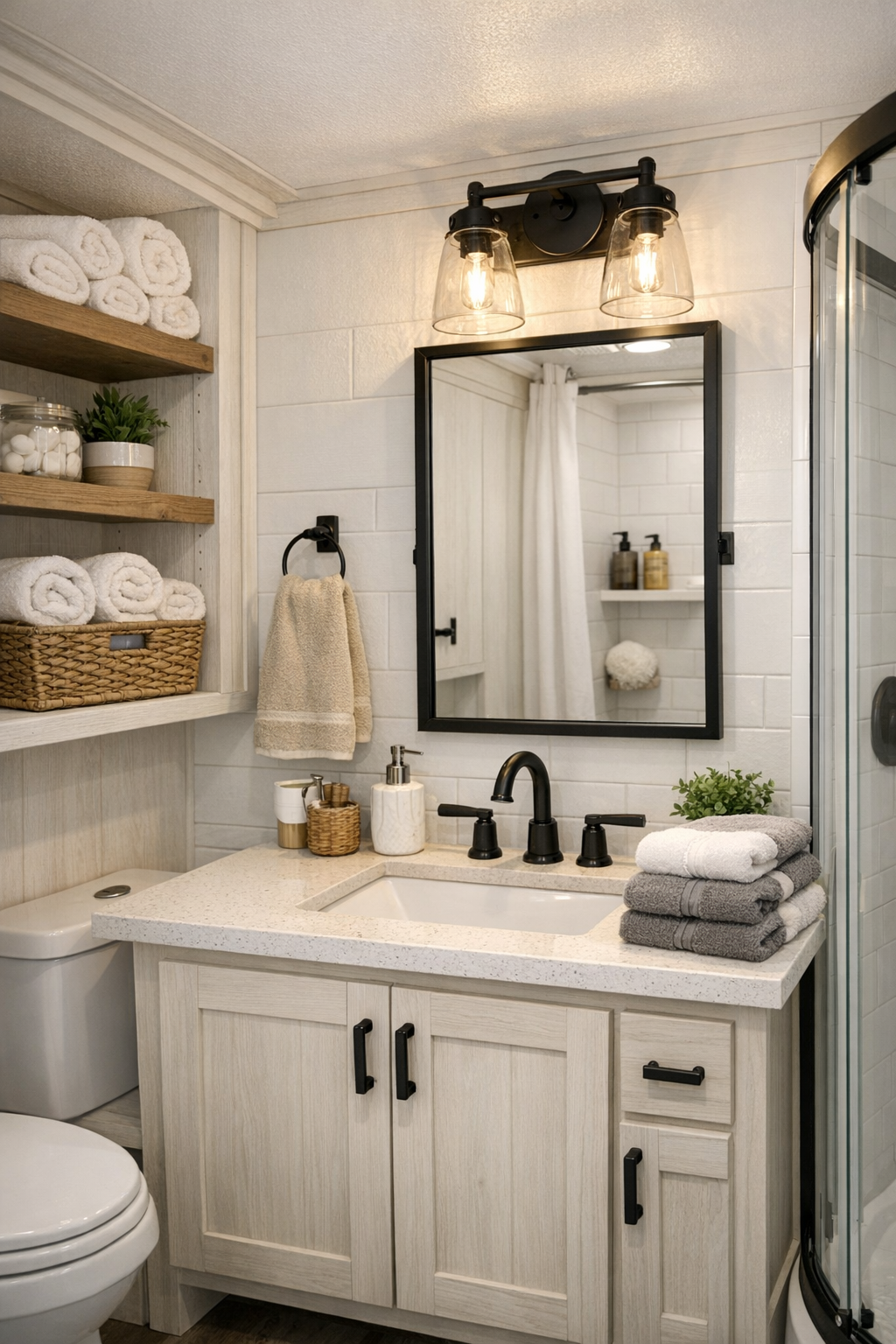 Clean farmhouse bathroom with a black framed mirror and light finishes