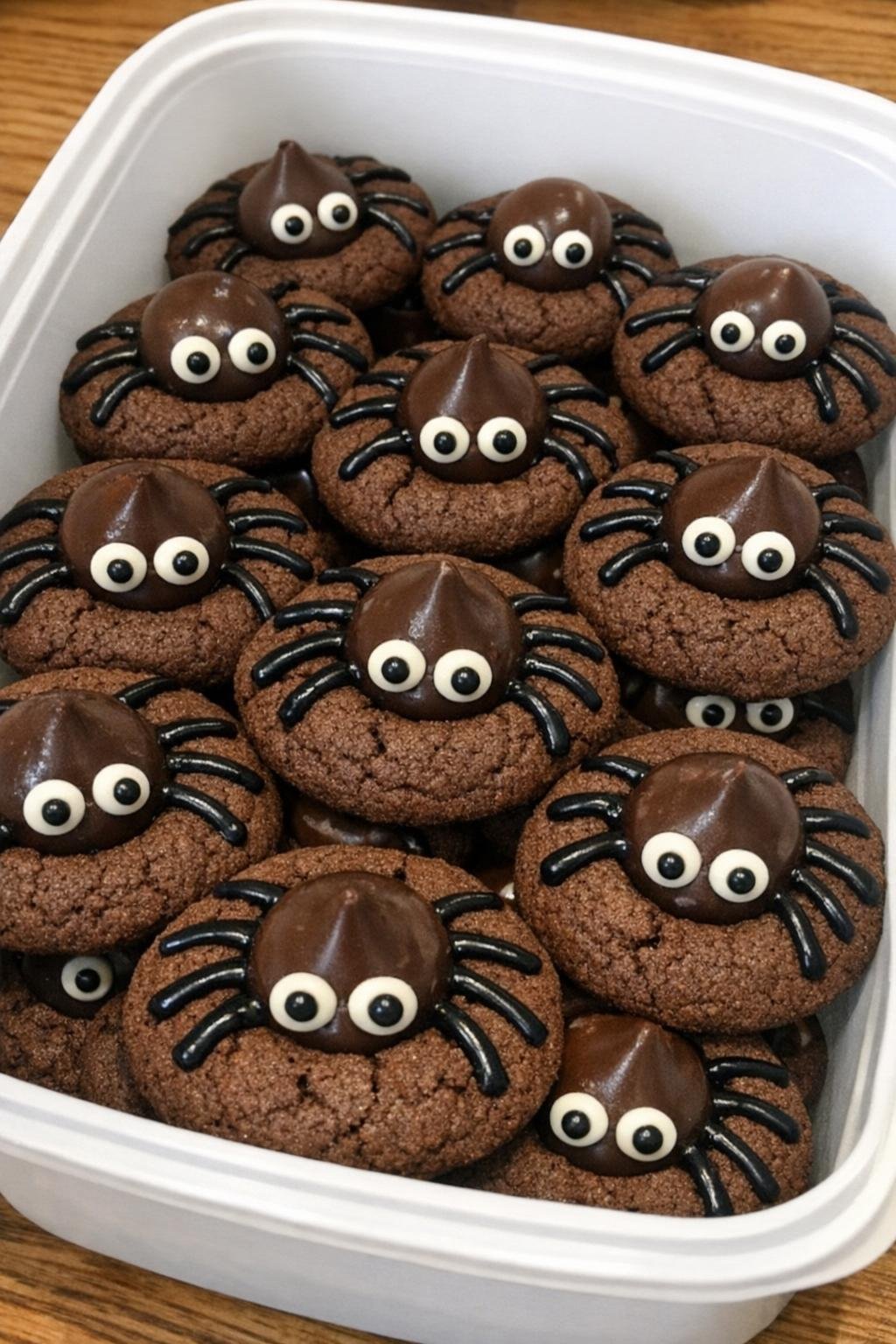 Spooky spider cookies in a white plastic container