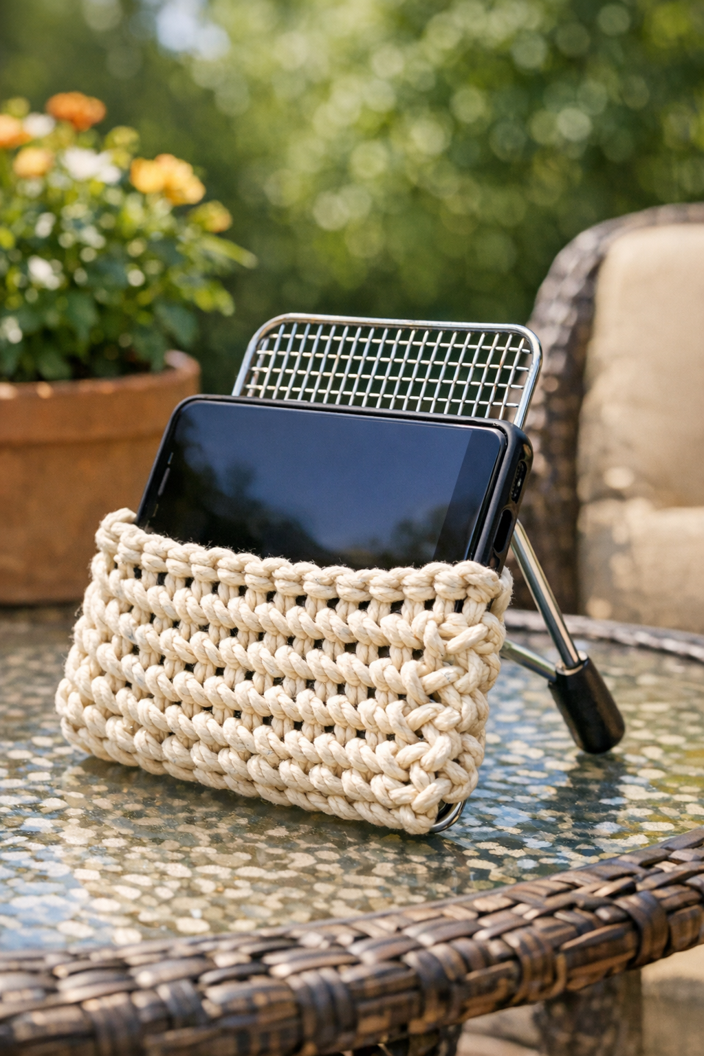 Finished crochet flyswatter phone holder stand holding a smartphone outdoors