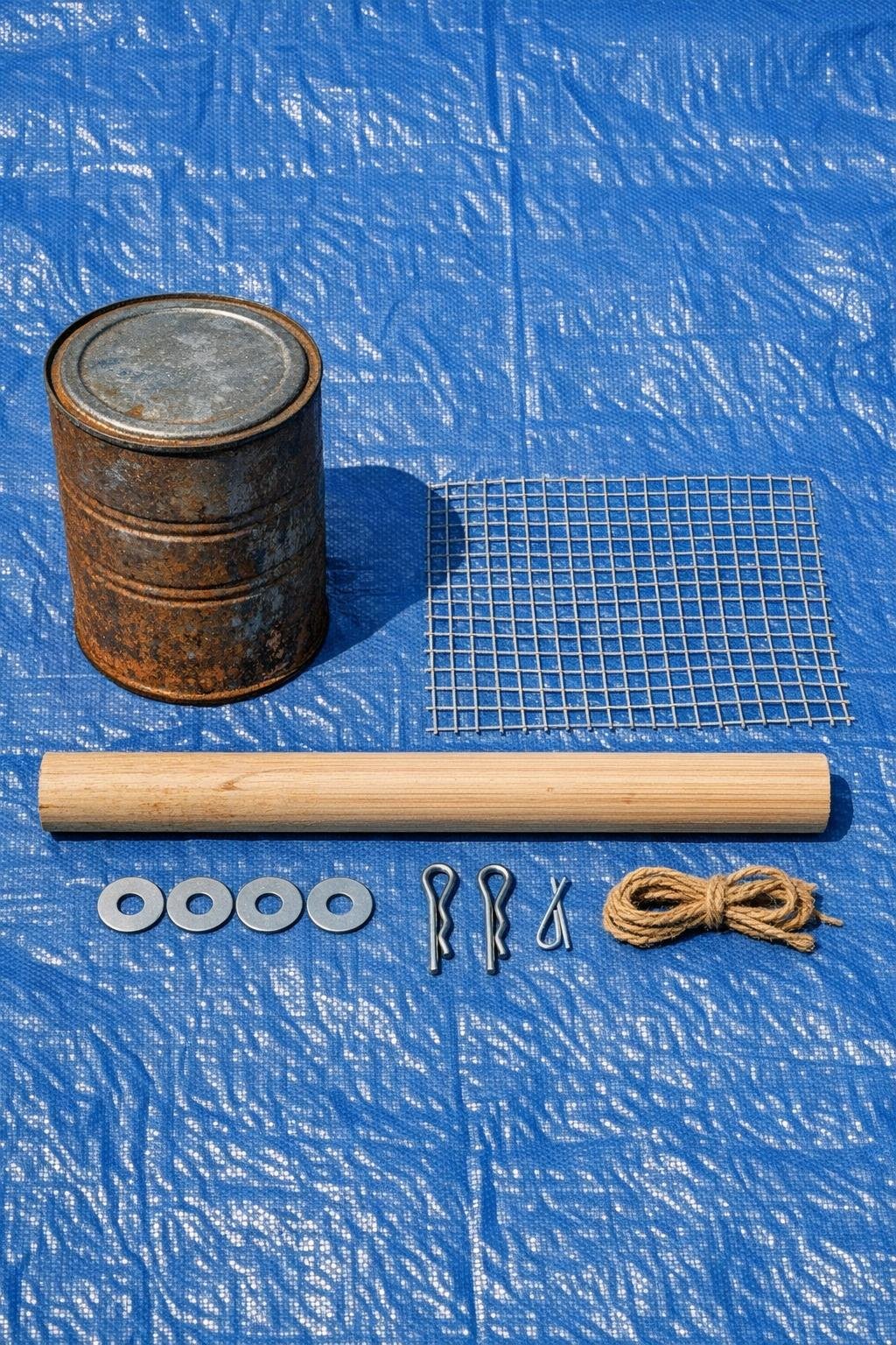 Metal coffee can, wooden dowel, and wire mesh laid out with basic hardware
