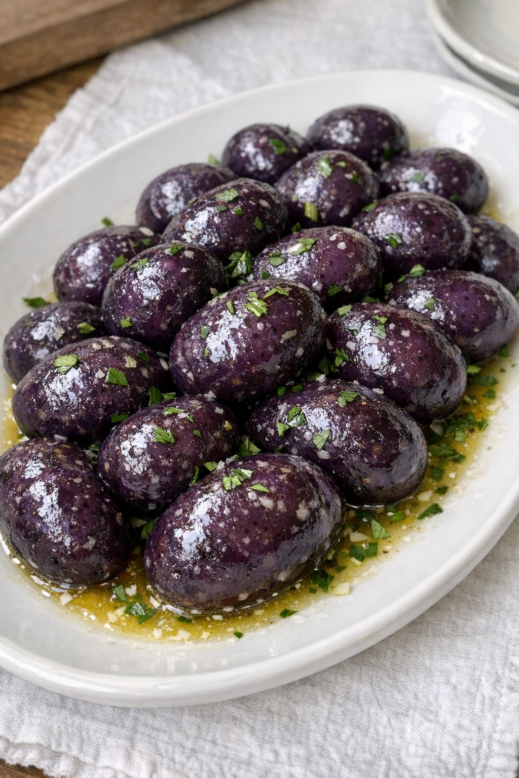 Finished platter of glossy butter baby potatoes with herbs