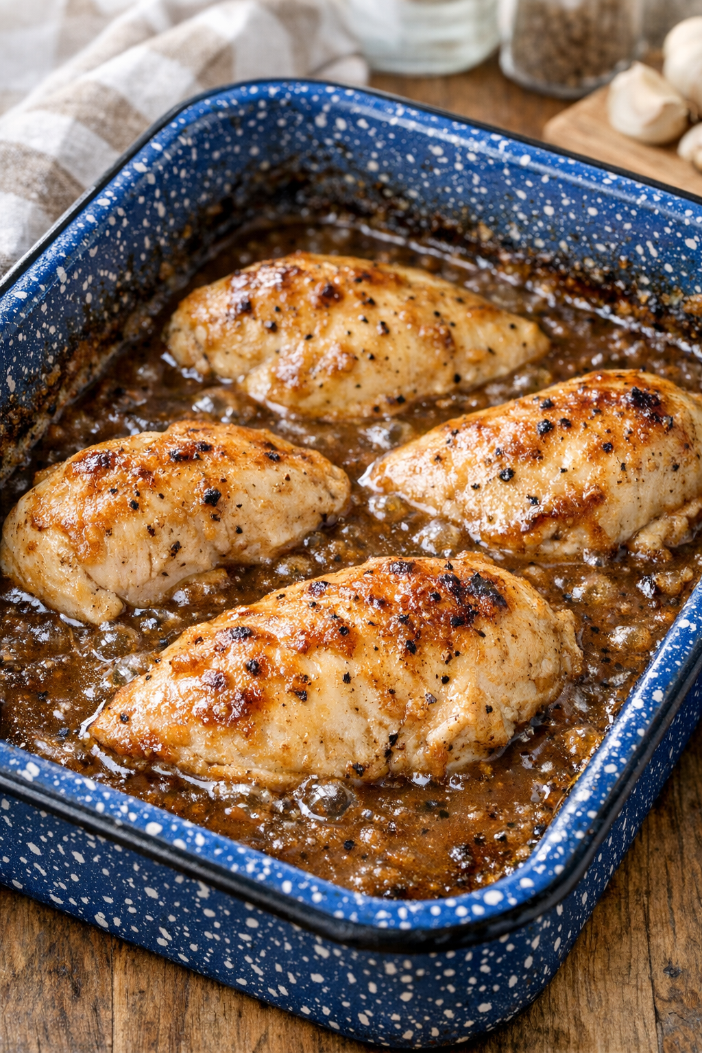 Baked chicken in bubbling brown gravy in enamel pan