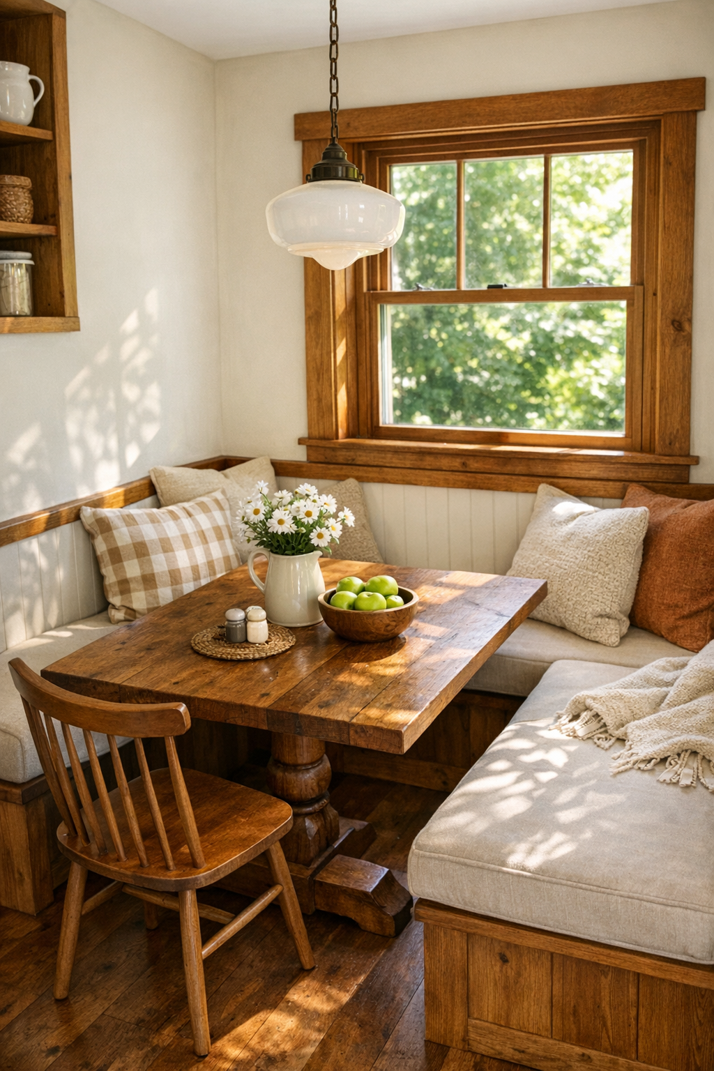 Tiny home dining nook with built-in banquette, solid wood table, and soft farmhouse finishes