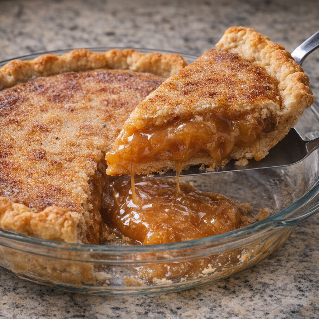 Neatly sliced caramel pie showing its glossy filling