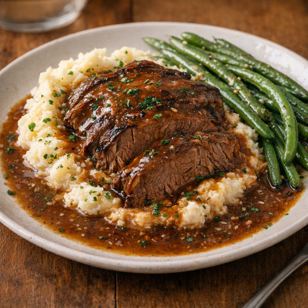 Plated smothered beef with mashed potatoes