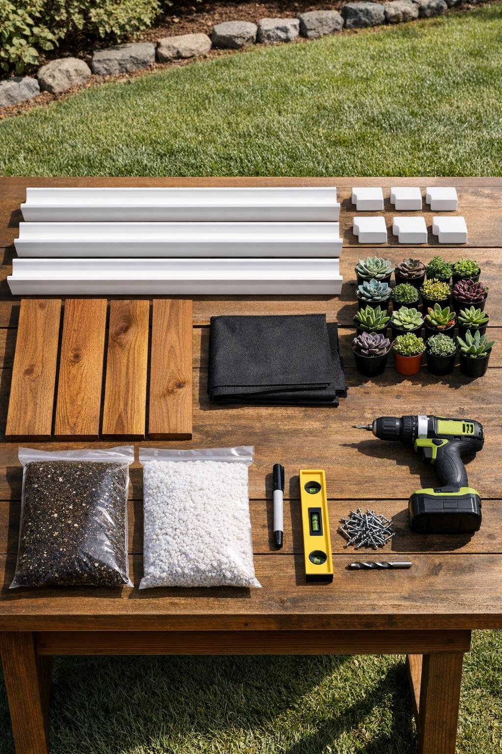 Materials for building a vertical succulent wall laid out together