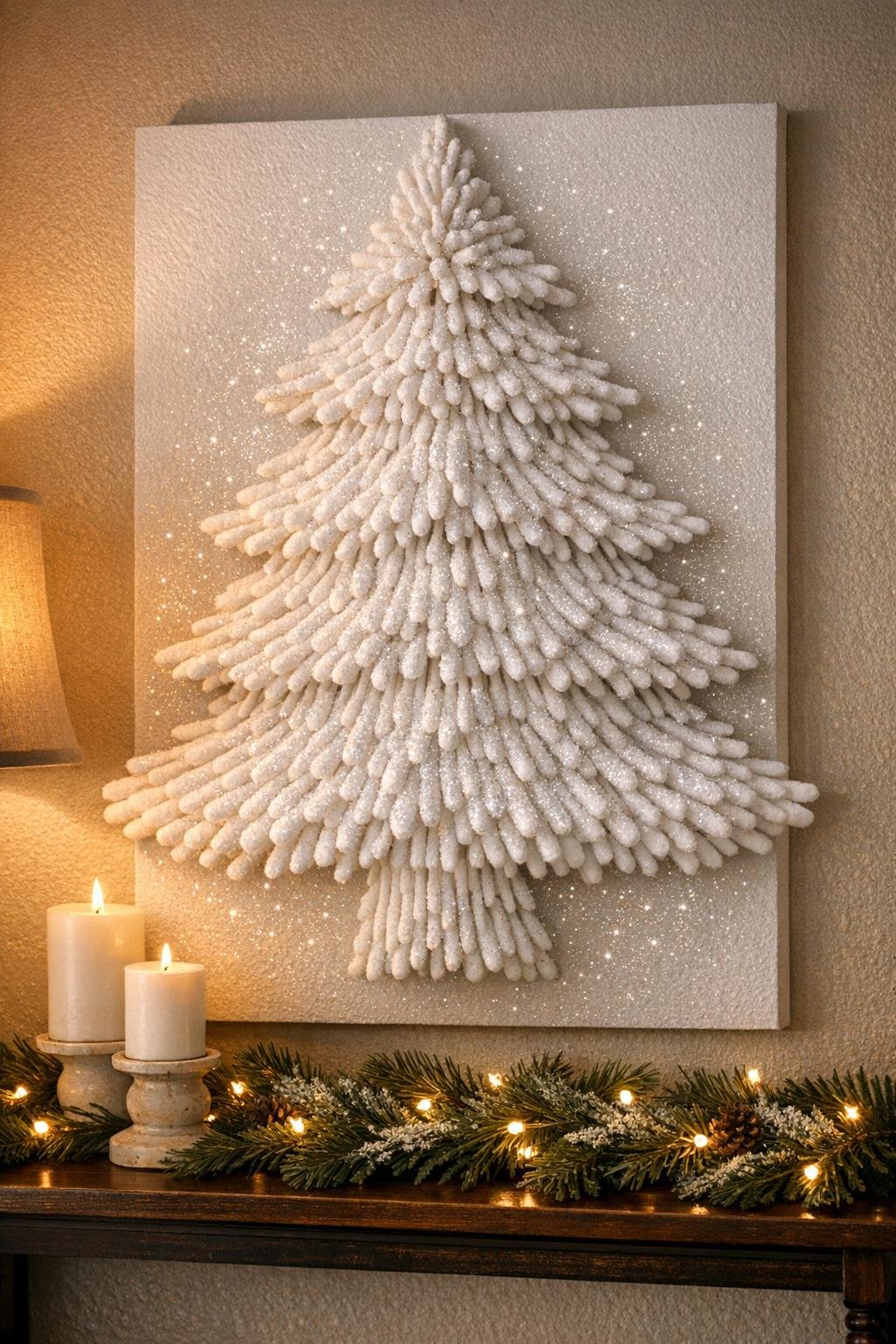 Finished snowy wall tree made from cotton swabs hanging on a wall