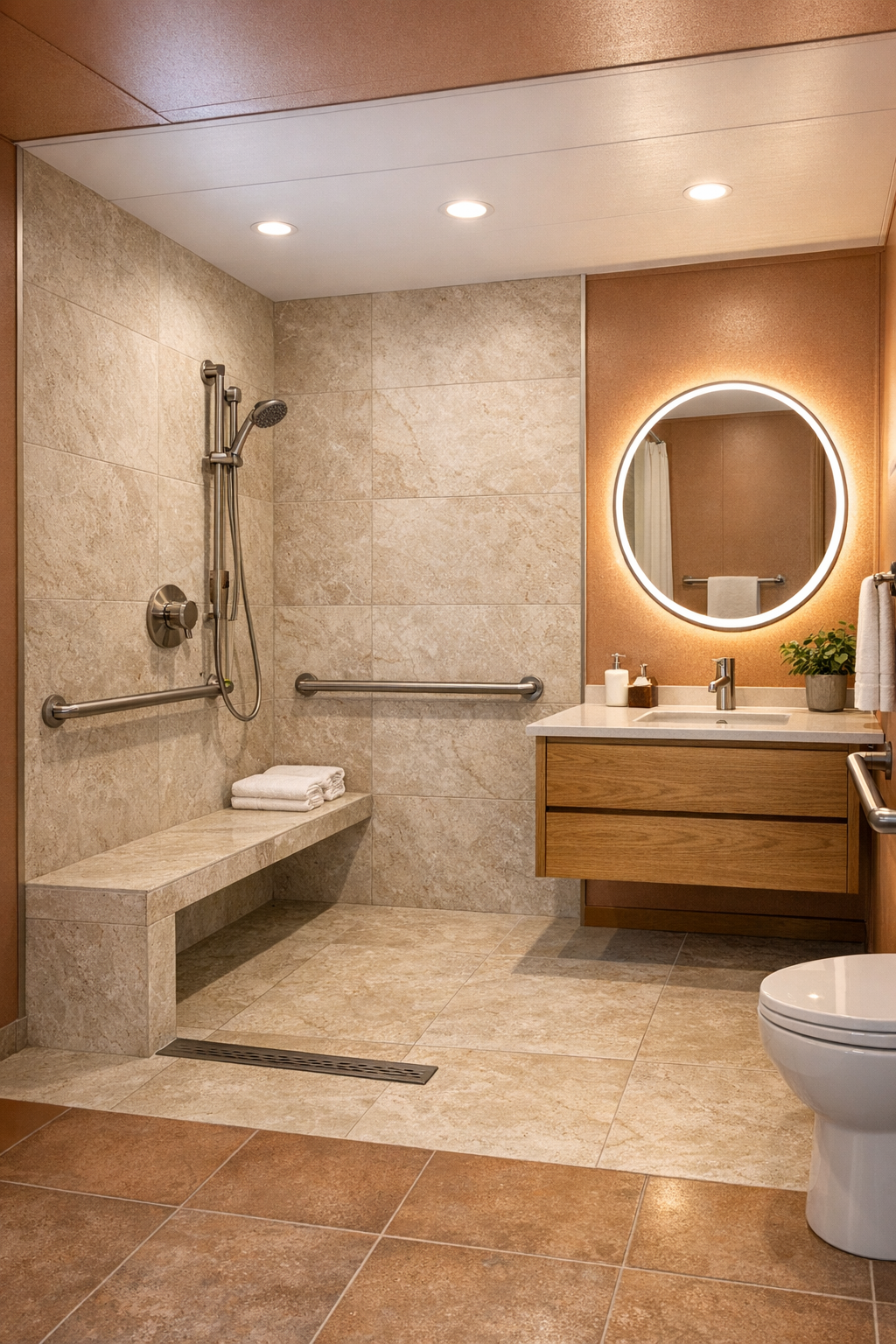 Elegant accessible bathroom with curbless shower, limestone-look tile, and oak vanity